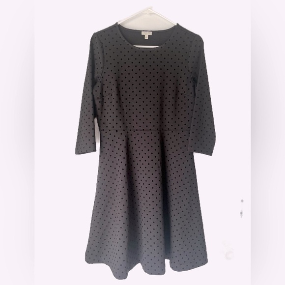 SOLD Talbots Dress Sz 8P Black Texture Dot Fit Flare 3/4 Sleeves Preppy Career - Picture 3 of 13